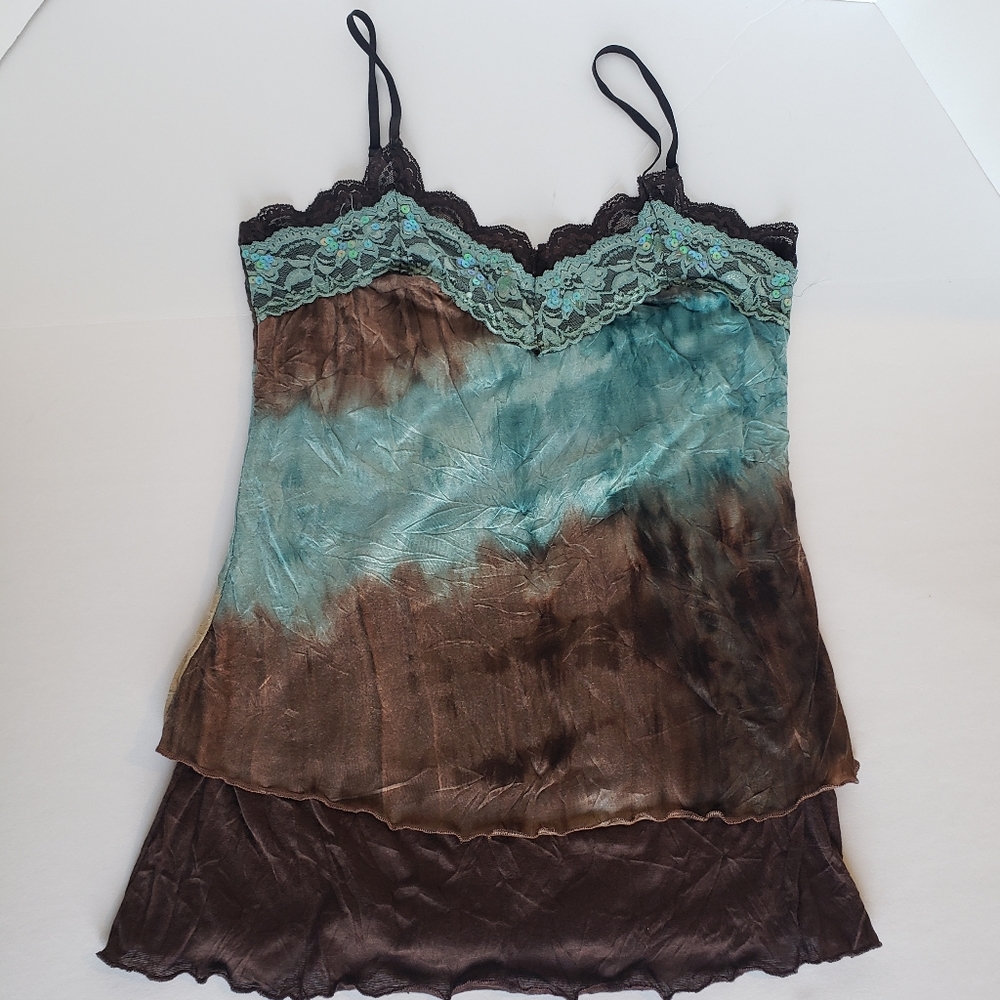 Vol 1 size Small Top with sewn on sequins Teal, Brown, Beige